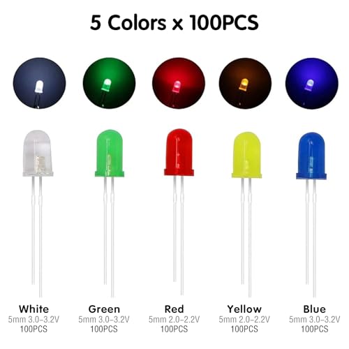 500 Pcs 5mm LED Diode Lights Assored Kit, Variety Color Electronics Components, Light Emitting Diodes for DIY Project, White/Red/Yellow/Green/Blue