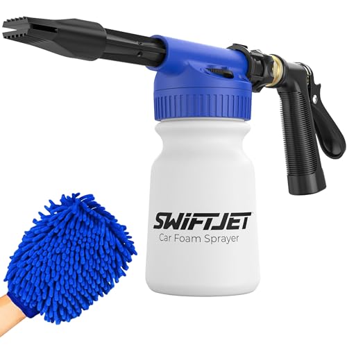 SwiftJet Car Wash Foam Gun + Wash Mitt - Works with Any Soap & Garden Hose - color: Blue Foam Gun with Mitt