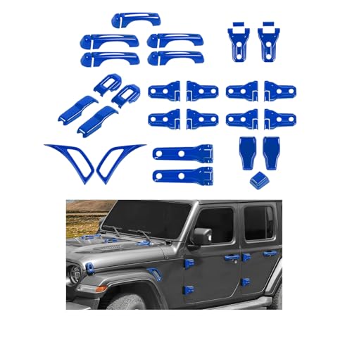 CheroCar 43PCS Full Set Exterior Trim Kit Fit for 2018-2026 Jeep Wrangler JL 4Door Blue Door Handle,Hood Hinge,Left Right Door Hinge,Tailgate Handle,Spare Tire Bracket,Fender Vent Cover Trim - color: Blue