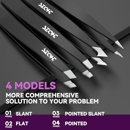 Professional Tweezers Set for Eyebrows – 4PC Precision Stainless Steel Tweezers Kit with Slant, Pointed & Flat Tips – Eyebrow Hair Removal Tool for Women & Men – Eco-Friendly Paper Tube Packaging - color: Black
