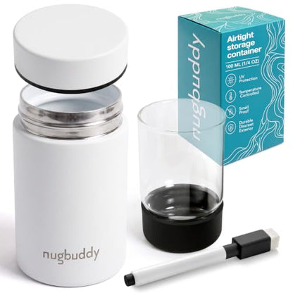 nugbuddy Mini Airtight Storage Container - Vacuum Sealed Insulated w Nested Glass Jar - UV Protection, Temperature Controlled Stainless - 100 ml (1/4 Oz) - color: White, size: 100 ML