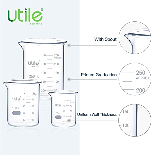 Utile Beaker Set, Low Form Glass Beakers, 3 Sizes of Vol.50ml 100ml 250ml, 3.3 Borosilicate Glass with Double Scale Printed Graduation, 4099.0004.1 - style: 50/100/250ml