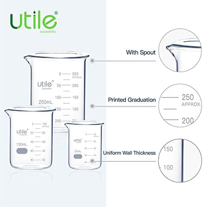 Utile Beaker Set, Low Form Glass Beakers, 3 Sizes of Vol.50ml 100ml 250ml, 3.3 Borosilicate Glass with Double Scale Printed Graduation, 4099.0004.1 - style: 50/100/250ml
