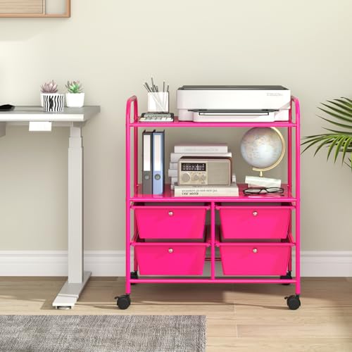 Giantex Rolling Storage Cart w/ 4 Drawers 2 Shelves Metal Rack Shelf Home Office School Beauty Salon Utility Organizer Cart with Wheels, Hot Pink - color: Hot Pink, size: 4 Drawer-25"x14.5"x29.5"