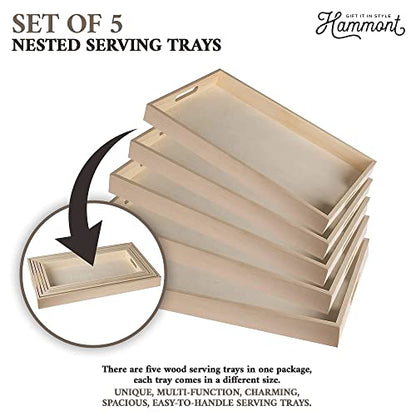 Hammont Wood Serving Tray Set with Handles - 5-Piece Nested Breakfast Trays for Food, Party Buffet, Organizing, and Montessori - Versatile Wooden Trays for Serving, Catering, and Bathroom Use