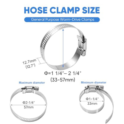TICONN 12PCS Hose Clamps Set 304 Stainless Steel, 1-1/4"-2-1/4" Worm Gear - size: SAE #24 12PCS 1-1/4''~2-1/4"