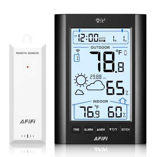 Indoor Outdoor Thermometer Hygrometer Wireless Weather Station - Inside Outside Thermometers Hygrometer Monitor with 330ft Remote Sensor, Battery Powered, Backlight Display (All Black) - color: All black