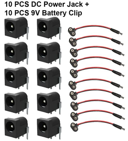 California JOS Breadboard-Friendly 2.1mm PCB Mounting Female DC Power Barrel Jack (10PCS DC Power Jack+10 PCS 9V Battery Clip)