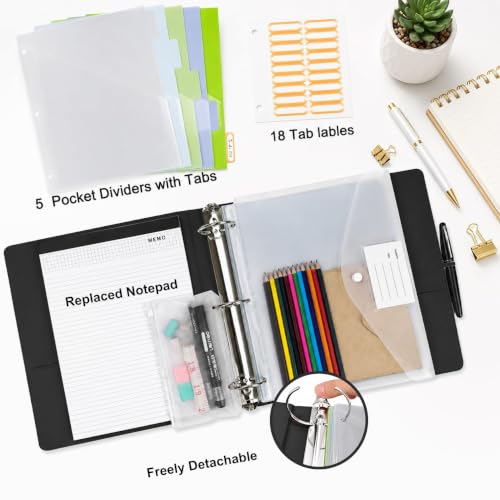 3 Ring Binder with Clipboard,2 Inch Binders with Notepad&5 Dividers with Pockets, Pen Holder, Leather Clipboards for School Office(Black, Letter Size) - color: Black, size: 2 Inch