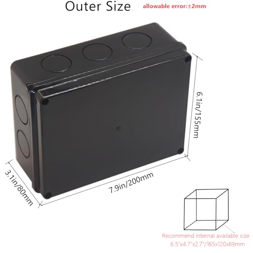 Outdoor Waterproof Box,Junction Box Reserved Holes IP65 ABS Plastic Electrical Boxes Power Cord Enclosure Project Box Black Outer Size 7.9 x 6.1 x 3.1 inch(200x155x80mm) - size: 7.9" x 6.1" x 3.1"