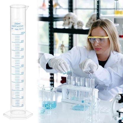 QWORK 6-Pack Plastic Graduated Cylinders, 250ml Science Hydrometer Test Tube Cylinder, Dual Marking Lines, Measuring Cylinder with Pour Spout