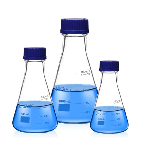 3pcs Erlenmeyer Flask Set with Blue Cap, 250ml 500ml 1000ml Lab Erlenmeyer Flasks, Borosilicate 3.3 Glass Material with Printed Graduation, EFG45GS3A1 - style: 250ml 500ml 1000ml