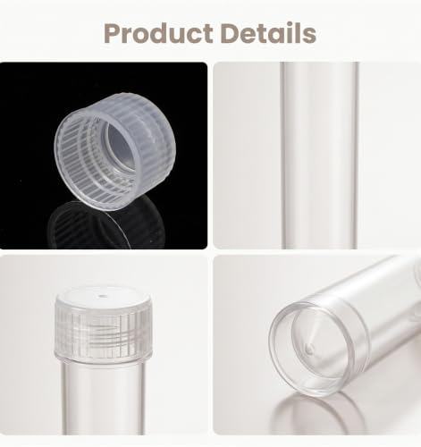 20Pcs 10ml Plastic Vials with Caps, PP Test Tubes with Caps for Lab