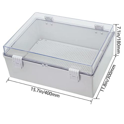 Zulkit Junction Box ABS Plastic Waterproof IP65 Electrical Boxes Hinged Shell Clear Cover Outdoor Universal Project Enclosure with Mounting Plate and Wall Brackets 15.7x11.8 x6.7 inch(400x300x170mm) - size: 15.75" x 11.8" x 6.7"