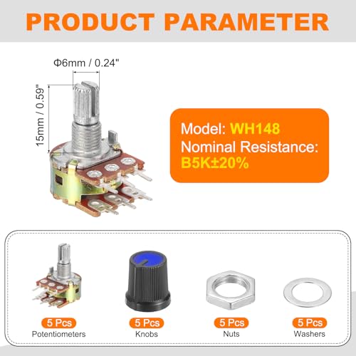 MECCANIXITY 5Set WH148 B5K Ohm Potentiometer Kit, 6-Pin 15mm Shaft Blue - color: Black/Blue, style: B5K