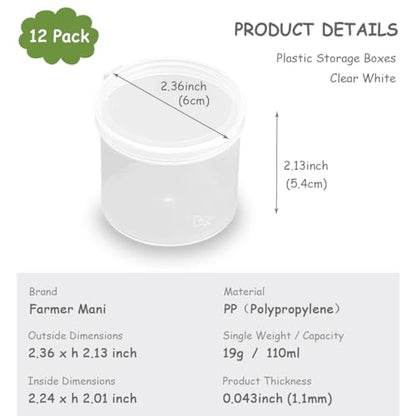 12 Pcs Round Plastic Storage Containers Jar 3.72 oz - D/2.36 x H/2.13 in - size: 110ml / 2.36"D x 2.13"H