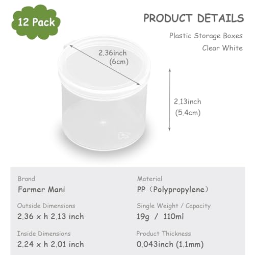 12 Pcs Round Plastic Storage Containers Jar 3.72 oz - D/2.36 x H/2.13 in - size: 110ml / 2.36"D x 2.13"H