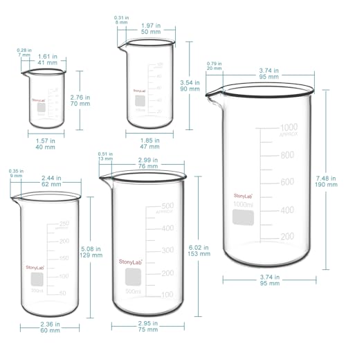 stonylab High Form Beaker Set, 5 Piece Glass Beakers with Graduations, Made of Durable Borosilicate Glass, High Form Beakers Ideal for Laboratory, Chemical, and Educational Use in Science Classes