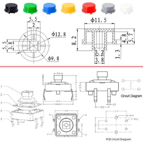 120PCS 12x12x7.3 mm Tact Tactile Push Button Switch Kit, 4 Pin Yellow Momentary SMD PCB Switches Set with 7 Color Arduino Buttons Caps for DIY Electronics Projects, PCB Prototyping - style: Yellow - 120PCS