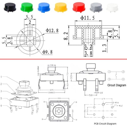 120PCS 12x12x7.3 mm Tact Tactile Push Button Switch Kit, 4 Pin Yellow Momentary SMD PCB Switches Set with 7 Color Arduino Buttons Caps for DIY Electronics Projects, PCB Prototyping - style: Yellow - 120PCS