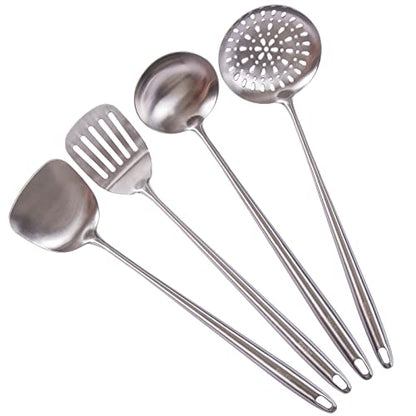 17″ Wok Utensils - Wok Spatula and Ladle, Skimmer Spoon, Slotted Spatula - color: 4-Pieces