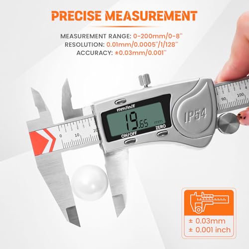 HARDELL Digital Caliper 8 Inch, Heavy-Duty IP54 Calipers with 3-Batteries & Extra Cover, All Stainless Steel Digital Micrometer Vernier Caliper, Inch/MM/Fraction, Auto-Off for DIY/3D-Printing - size: 8 Inch
