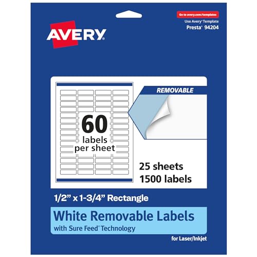 Avery Matte White Removable Rectangle Labels, Sure Feed Technology, Print-to-The-Edge, 0.5" x 1.75", 1,500 Removable Labels, Laser/Inkjet Printable - style: 1,500 labels