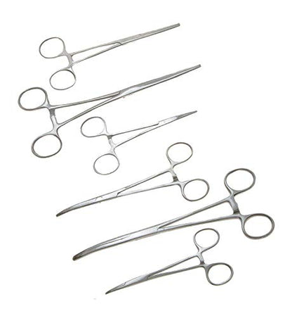 6-Piece Hemostat Forceps Set - Stainless Steel Straight & Curved Clamps, 6 Piece Multi-Purpose Locking Forceps for Fishing, Crafts, Medical, and Hobby Use (8", 6.25" and 5")