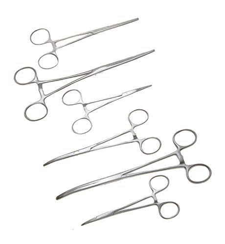 6-Piece Hemostat Forceps Set - Stainless Steel Straight & Curved Clamps, 6 Piece Multi-Purpose Locking Forceps for Fishing, Crafts, Medical, and Hobby Use (8", 6.25" and 5")