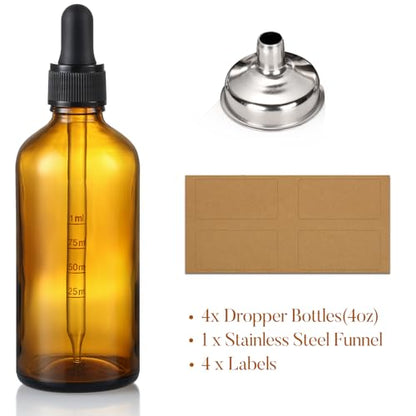 4 oz Dark Amber Glass Dropper Bottles with Measured Dropper, 4 Pack- 120ml Thick Tincture Bottle with Measurement Eye Droppers, Leakproof Essential Oils Bottle for Health, Personal Care & Beauty - color: Amber