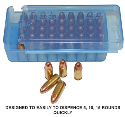 MTM Case-Gard P50SS-9M-24 Side Slide Ammo Box, 50 Round 9mm Luger 380 ACP 30 Luger 30 S Carry 32 S&W 9mm Makarov, USA Made, Clear Blue - color: Clear Blue