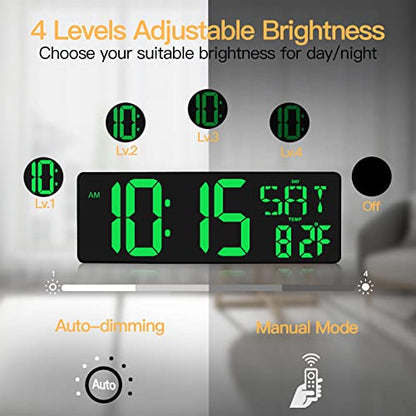 XREXS Large Digital Wall Clock with Remote Control, 16.5 Inch LED Display, Count Up & Down Timer, Adjustable Brightness, Plug-in Alarm Clock with Day/Date/Temperature for Home, Gym, Classroom - color: Green
