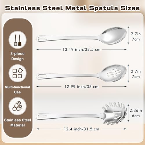 3 Pcs Stainless Steel Cooking Utensils Set, Heat Resistant Kitchen Utensils, Metal Kitchen Tools Include Solid & Slotted Spoon, Pasta Server, Ergonomic Handle, Dishwasher Safe, Easy to Clean, Silver - color: G. 3 Pieces