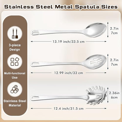 3 Pcs Stainless Steel Cooking Utensils Set, Heat Resistant Kitchen Utensils, Metal Kitchen Tools Include Solid & Slotted Spoon, Pasta Server, Ergonomic Handle, Dishwasher Safe, Easy to Clean, Silver - color: G. 3 Pieces