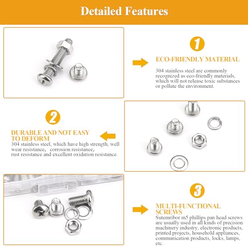 216 Pieces M5 Machine Screws Nuts Washers Set, Sutemribor M5 x 6/8/12/16/20/25/30mm Phillips Pan Head Machine Screws Nuts Washers Assortment Kit, 304 Stainless Steel, Fully Threaded - size: M5, style: Phillips Pan Head