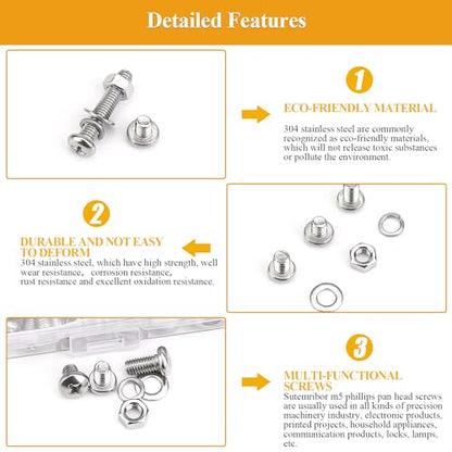 216 Pieces M5 Machine Screws Nuts Washers Set, Sutemribor M5 x 6/8/12/16/20/25/30mm Phillips Pan Head Machine Screws Nuts Washers Assortment Kit, 304 Stainless Steel, Fully Threaded - size: M5, style: Phillips Pan Head