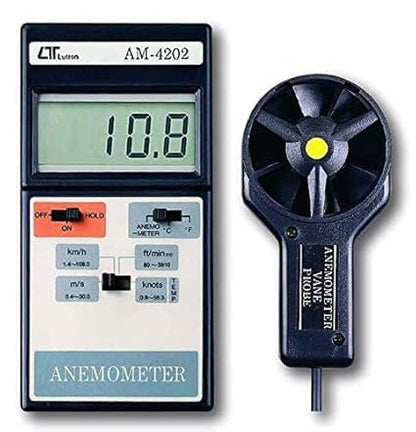 HVAC Anemometer/Peak Flow Meter/Air Flow Velocity Meter/Handheld Wind Speed Meter – Measures Wind Speed, Temperature & Wind Chill – Portable Airflow Gauge; Model: AM-4202