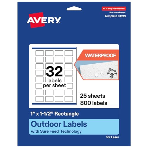Avery® Outdoor Waterproof Rectangle Labels, Sure Feed® Technology, 1" x 1.5", White Film, Print-to-the-Edge, Compatible with Laser Printers, 800 Labels Total - style: 800 labels