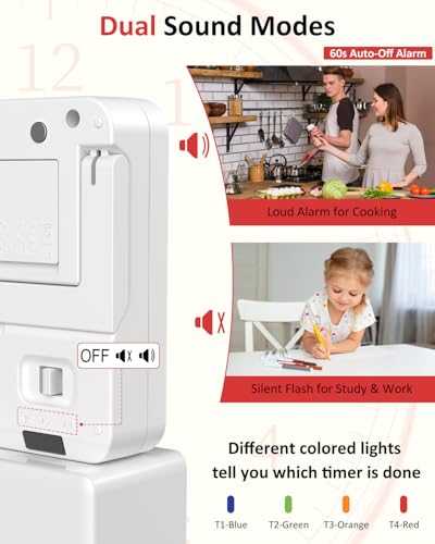 Digital Kitchen Timer with 4 Channel, Loud Alarm and Silent Mode - color: White