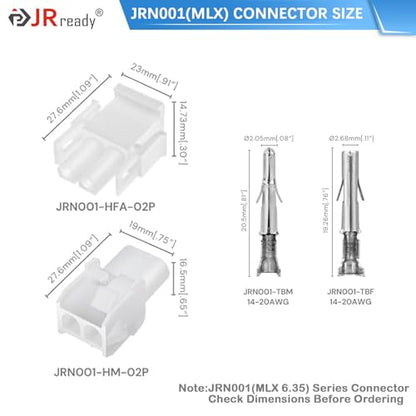 JRready ST6424 Power Connector 2 Pin (6 Matched Sets), 2.13mm Diameter Pin and Sockets 14-20 AWG, Compatible with Molex MLX Power Connector 2 Pin Male& Female, 6.35mm Pitch,Free Hanging (Pack of 3) - size: MLX 2Pin Connector (Pack of 3)