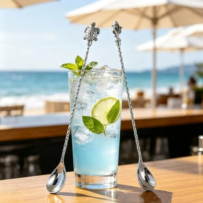 Homestia 12 Inch Bar Spoon, 2 Pcs Cocktail Spoon with Sea Turtle Fish Decor - color: 2PCS Turtle + Fish + Silver