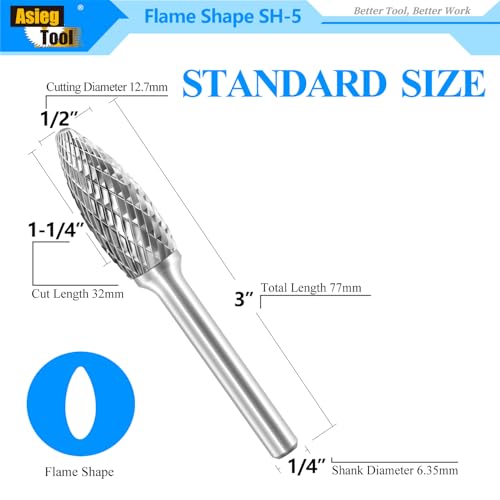 SH-5 Tungsten Carbide Burr Rotary File Flame Shape Double Cut with 1/4''Shank for Die Grinder Drill Bit - 5 Pcs - style: 5pcs SH-5