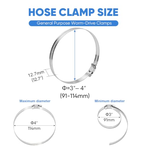 TICONN 4PCS Hose Clamps Set 304 Stainless Steel, 3"-4" Worm Gear - size: SAE #60 4PCS 3''~4"