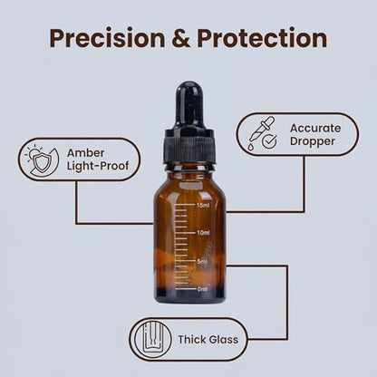 3 Pcs 15ml 0.5oz Empty Refillable Amber Glass Graduated Dropper Bottle Essential Oil Cosmetics Elite Fluid Container Jar Pot Holder with Glass Pipette Dropper - size: 15 ml