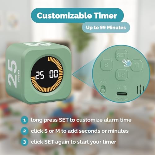 KADAMS Pomodoro Cube Timer Productivity Visual Timer - 5/10/25/50 Min Rotating Countdown (1, Green) - color: Green