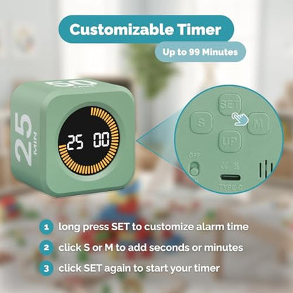 KADAMS Pomodoro Cube Timer Productivity Visual Timer - 5/10/25/50 Min Rotating Countdown (1, Green) - color: Green