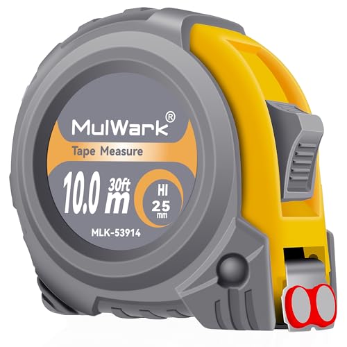 MulWark 30FT Metric Tape Measure, Easy Read Measuring Tape Retractable with Fractions 1/8, Both-Side Metal Blade, Magnetic Hook & Shockproof Case for Construction, Carpenter, Architect, Woodworking - color: Yellow-Grey, size: 30 ft