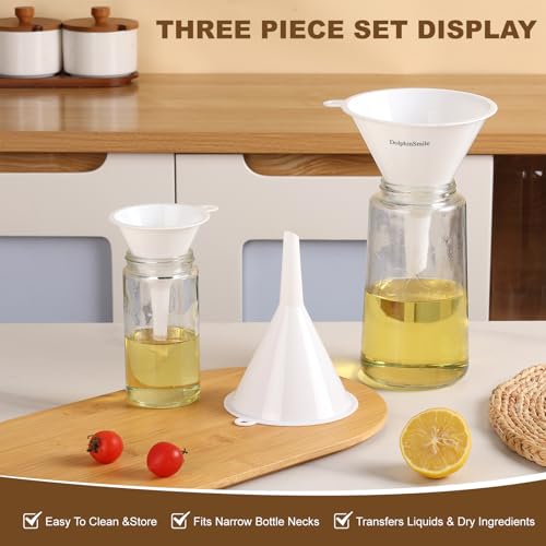 Plastic Kitchen Funnel Set of 3, Round Kitchen Funnels for Filling Bottles, Durable and Multifunctional Funnels for Filling Canning, Cooking, Lab or Car Oil (White) - color: White