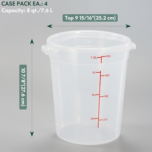 CURTA 8 Quart Translucent Round Food Storage Container with Lid, Pack of 4 – NSF Listed, BPA-Free, Commercial-Grade Polypropylene, Freezer & Dishwasher Safe, Non-Stick, Easy-Read Graduations - color: 8 qt.