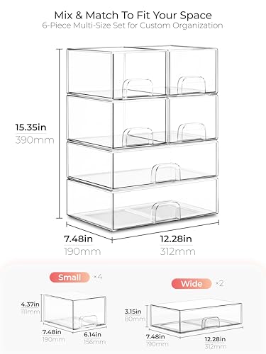 Stackable Storage Drawer Organizers Set of 6 for Bathroom Organizer Storage - color: 6 PCS丨2W+4S丨Fits Beauty/Office